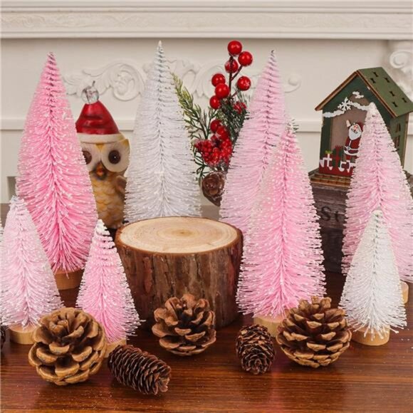 9 Pcs Pink Color Mini Sisal Bottle Brush Trees Small Artificial Christmas Tree - Picture 4 of 8